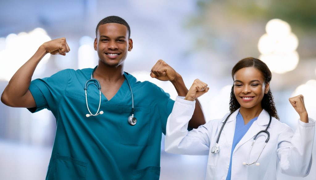 Firefly portrait of black female doctor and hispanic male nurse flexing their muscles and smiling 81